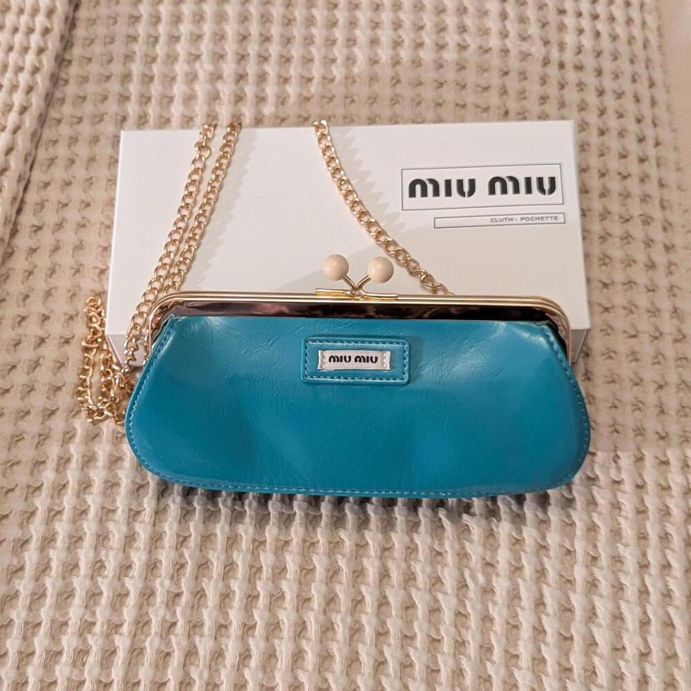 Miu Miu Blue Patent Mini Clutch - Crossbody with Gold Chain